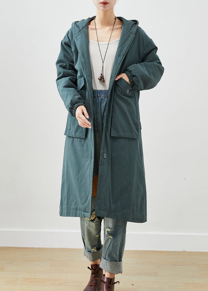 Mode Zwartachtig Groene Zakken Met Capuchon Dikke Warme Fleece Trench Herfst - Dames trenchcoats