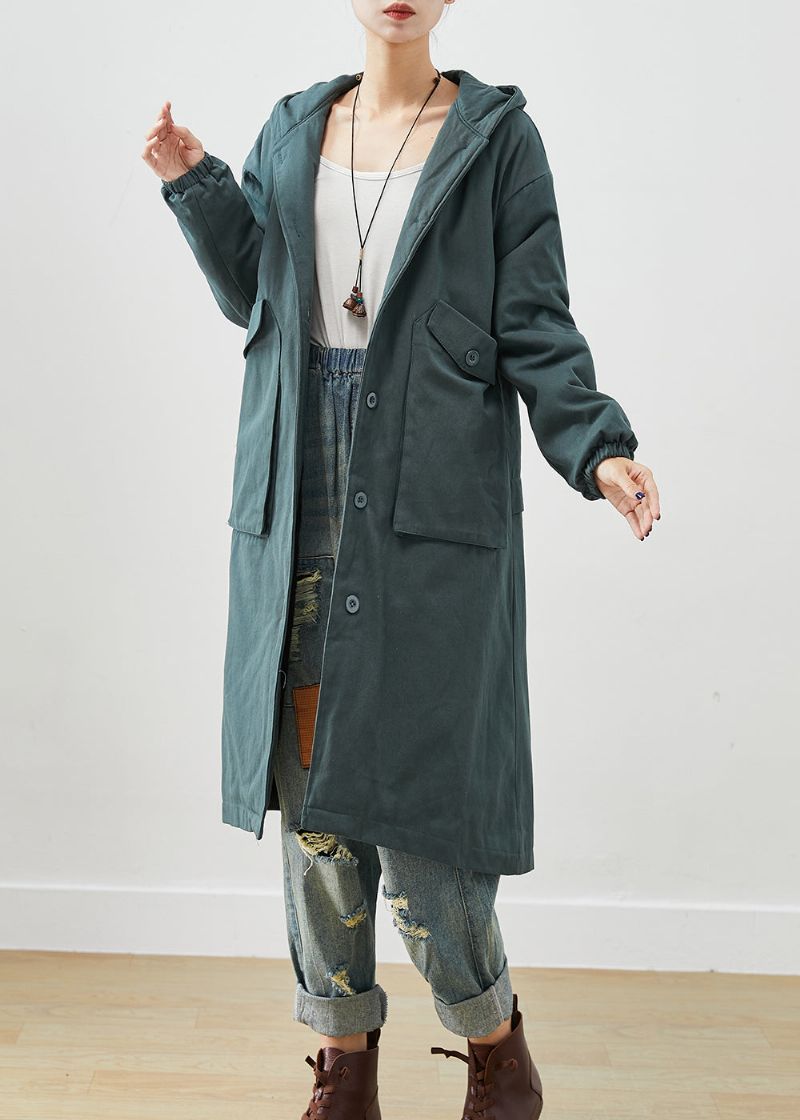 Mode Zwartachtig Groene Zakken Met Capuchon Dikke Warme Fleece Trench Herfst - Dames trenchcoats