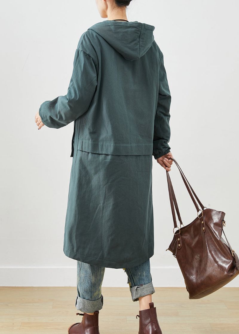 Mode Zwartachtig Groene Zakken Met Capuchon Dikke Warme Fleece Trench Herfst - Dames trenchcoats