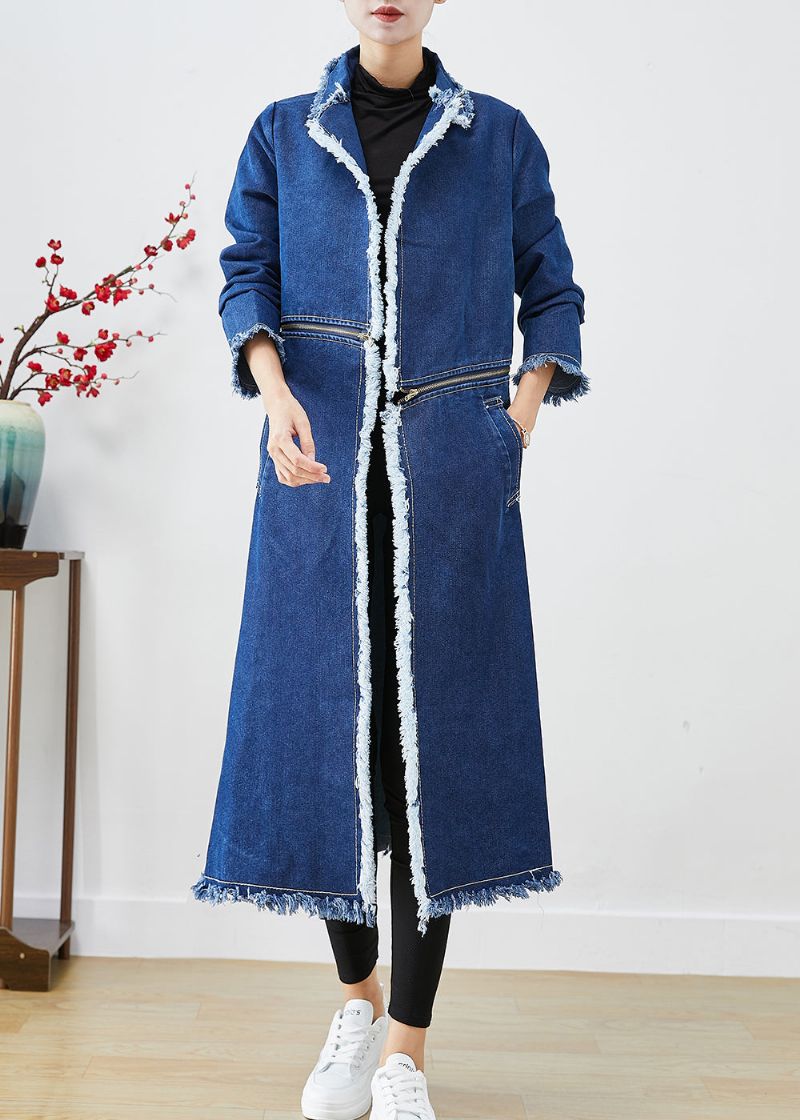 Moderne Blauwe Ritssluiting Aan Beide Zijden Denim Trenchcoats Herfst