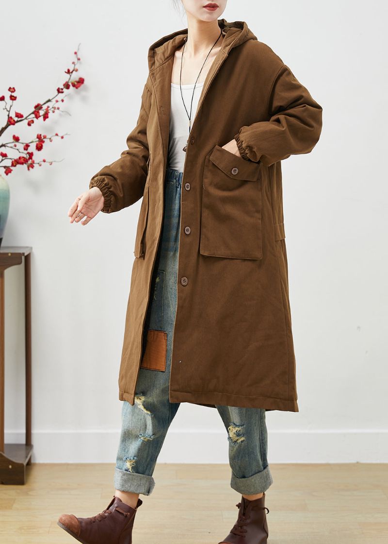 Moderne Bruine Zakken Met Capuchon Katoenen Trenchcoat Lente - Dames trenchcoats