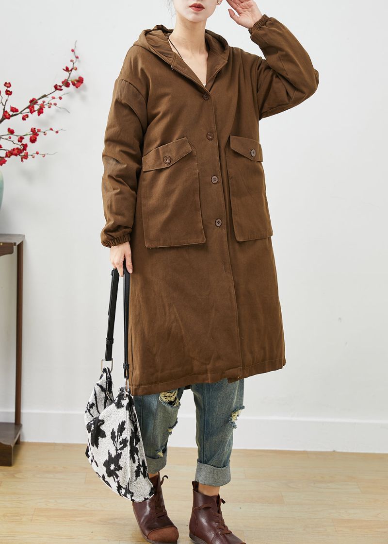 Moderne Bruine Zakken Met Capuchon Katoenen Trenchcoat Lente - Dames trenchcoats