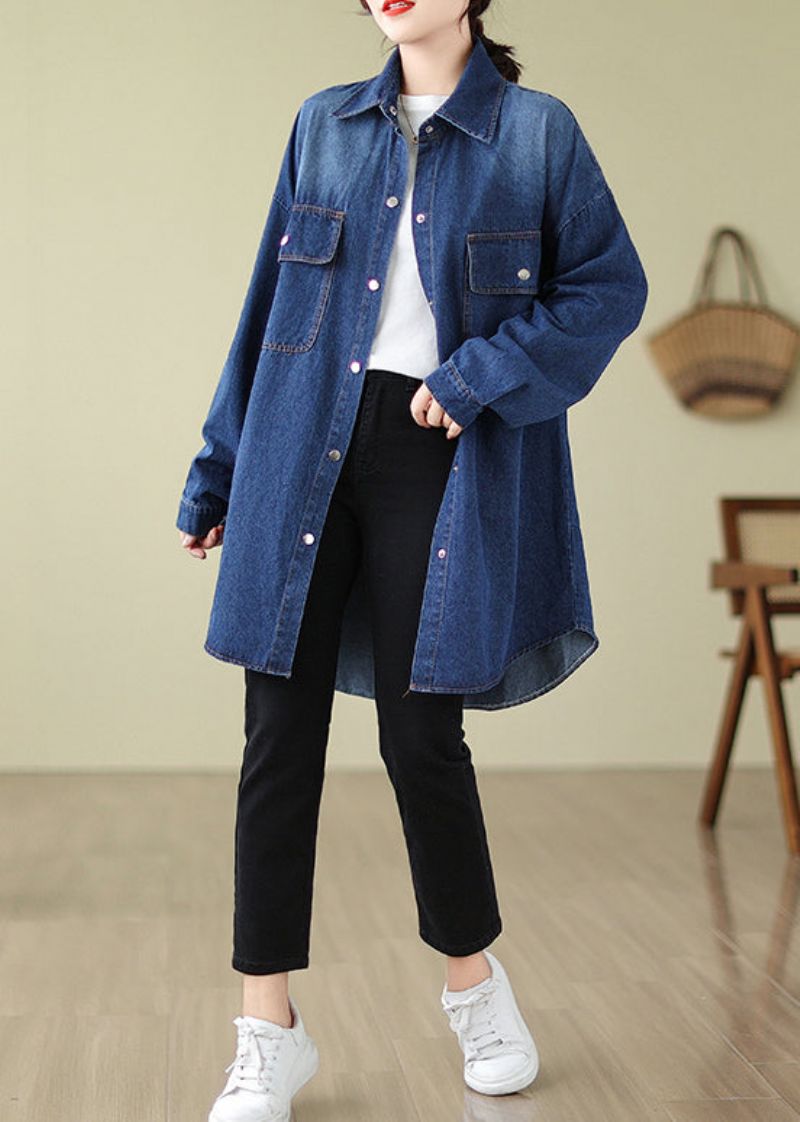 Moderne Denimblauwe Katoenen Jas Met Extra Grote Zakken Lente - Dames trenchcoats