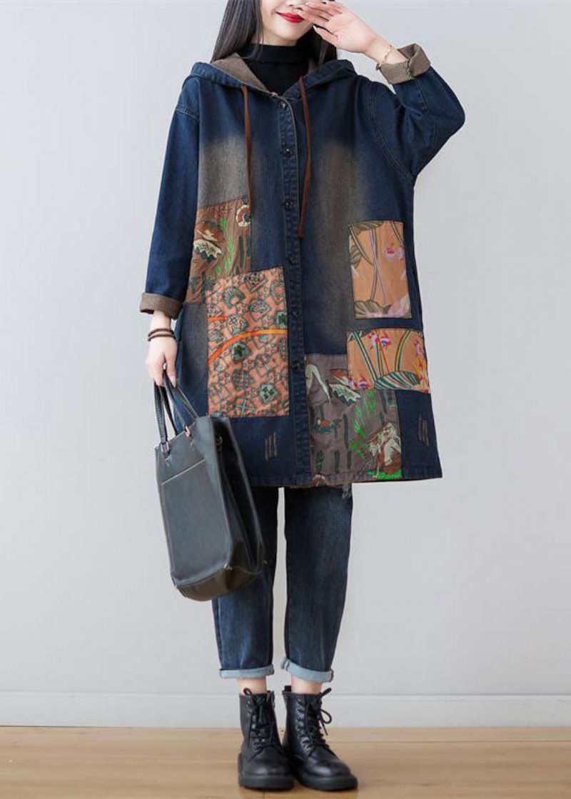 Moderne Marineblauwe Denimjassen Met Capuchon En Patchworkprint Lente