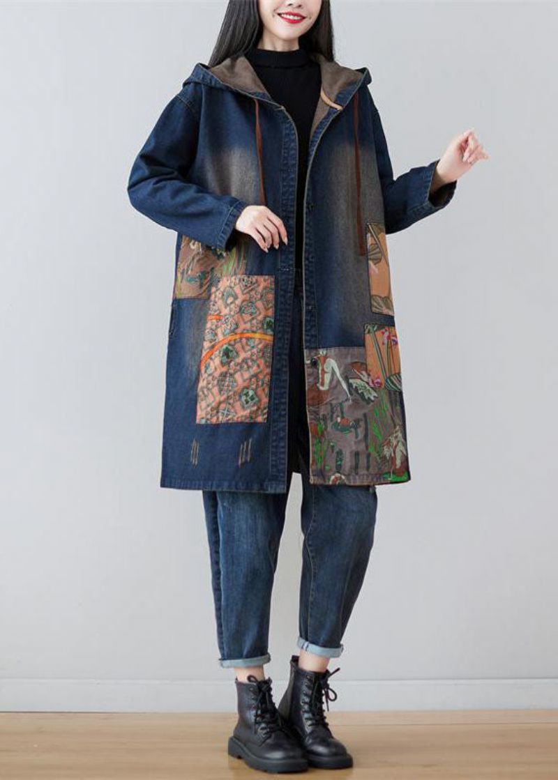 Moderne Marineblauwe Denimjassen Met Capuchon En Patchworkprint Lente - Dames trenchcoats