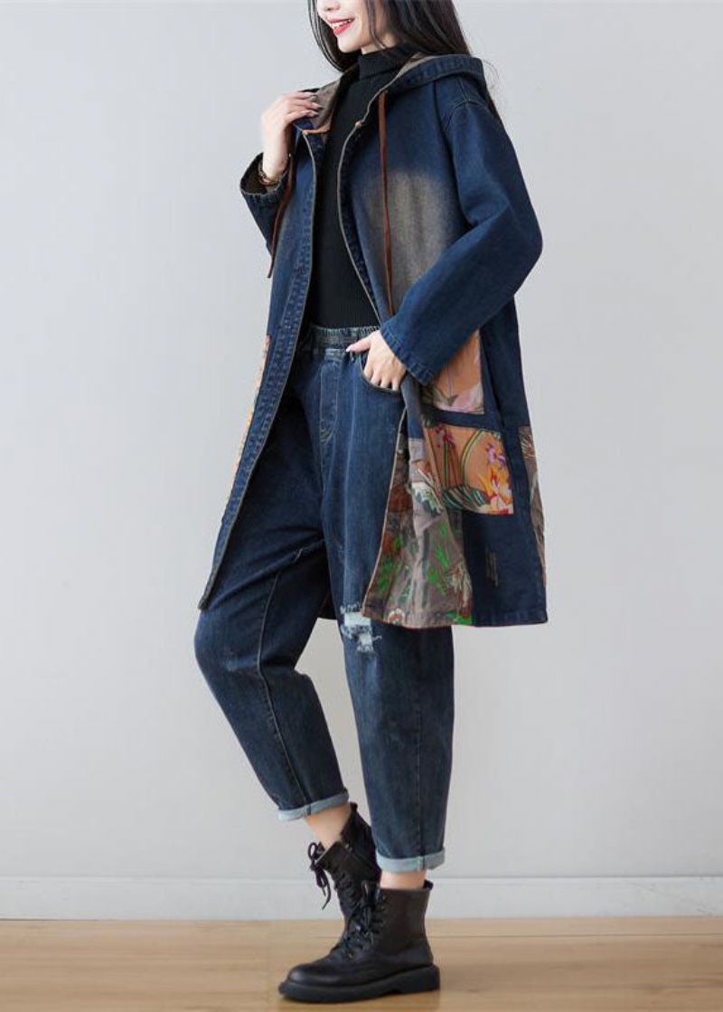 Moderne Marineblauwe Denimjassen Met Capuchon En Patchworkprint Lente - Dames trenchcoats