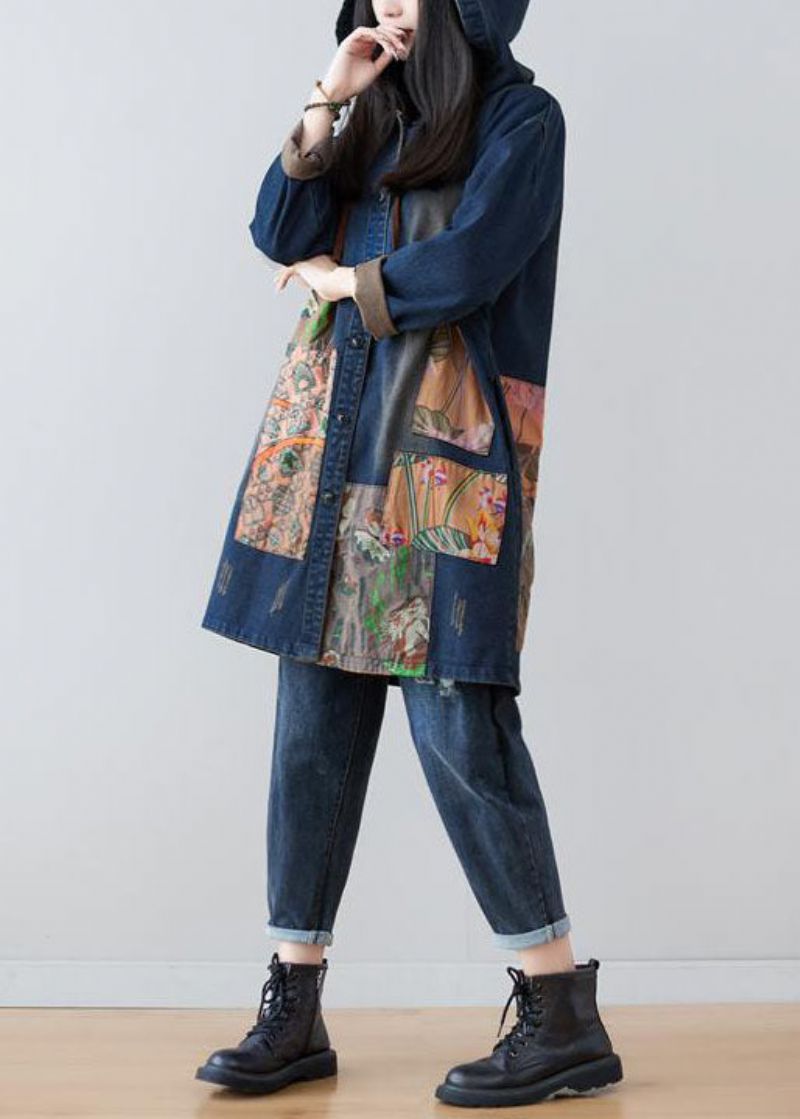 Moderne Marineblauwe Denimjassen Met Capuchon En Patchworkprint Lente - Dames trenchcoats