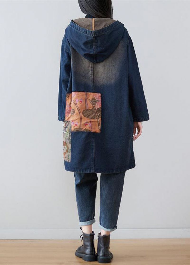 Moderne Marineblauwe Denimjassen Met Capuchon En Patchworkprint Lente - Dames trenchcoats