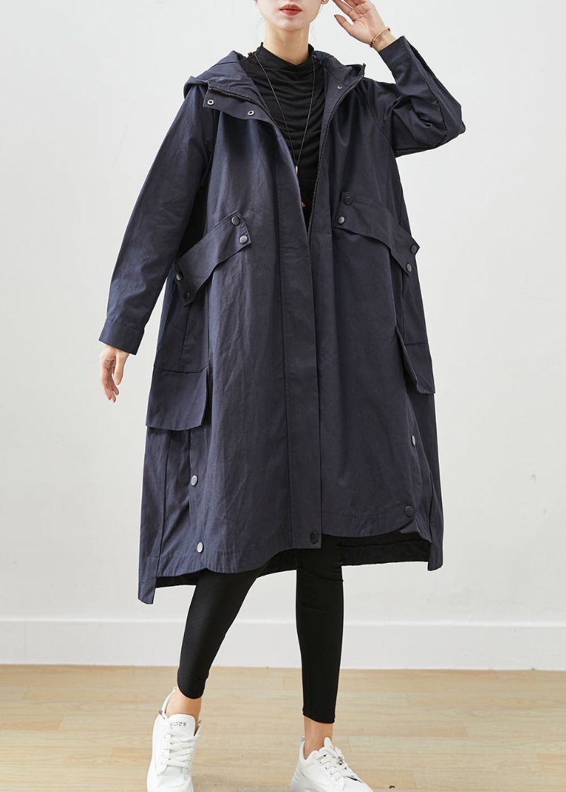 Moderne Marineblauwe Oversized Katoenen Jas Met Patchworkzakken En Uitloper Herfst - Dames trenchcoats