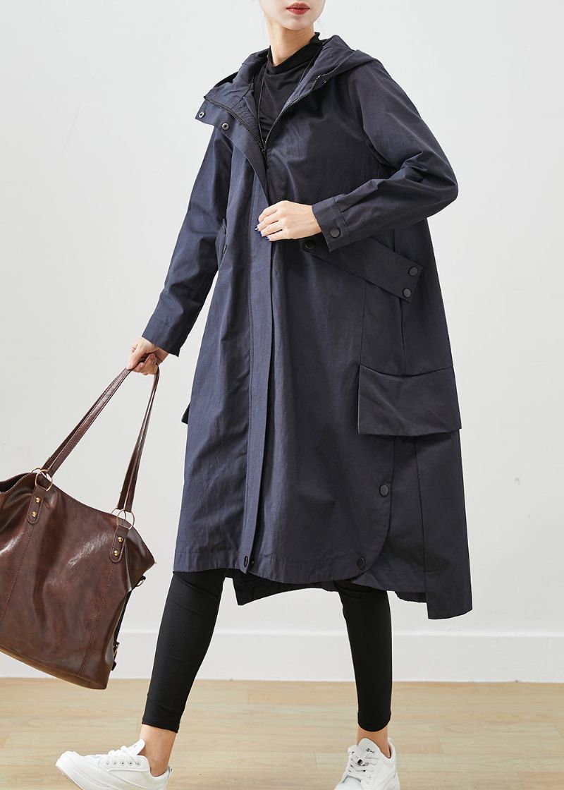 Moderne Marineblauwe Oversized Katoenen Jas Met Patchworkzakken En Uitloper Herfst - Dames trenchcoats