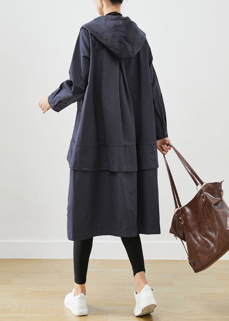 Moderne Marineblauwe Oversized Katoenen Jas Met Patchworkzakken En Uitloper Herfst - Dames trenchcoats