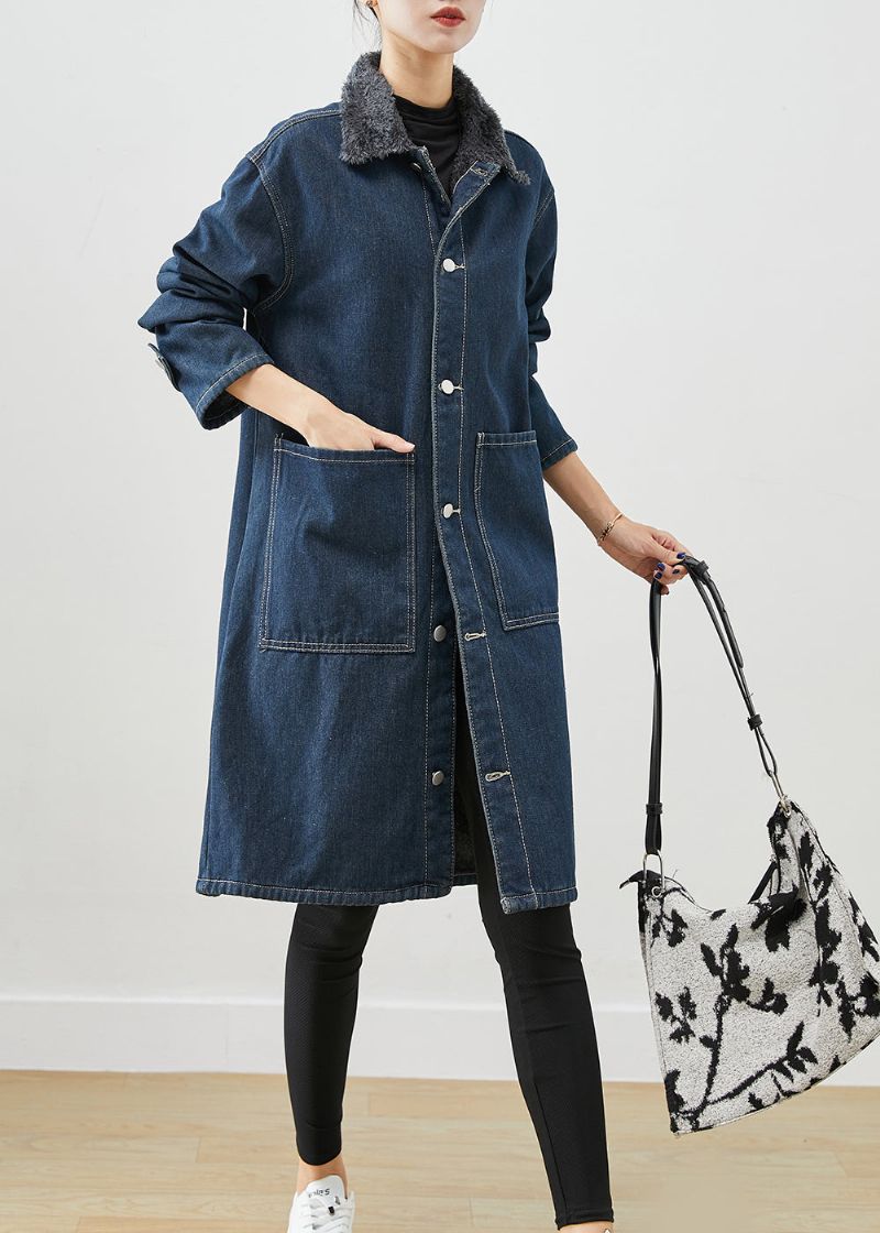 Moderne Marineblauwe Peter Pan-kraagzakken Warme Fleece-denimjassen Winter - Dames trenchcoats