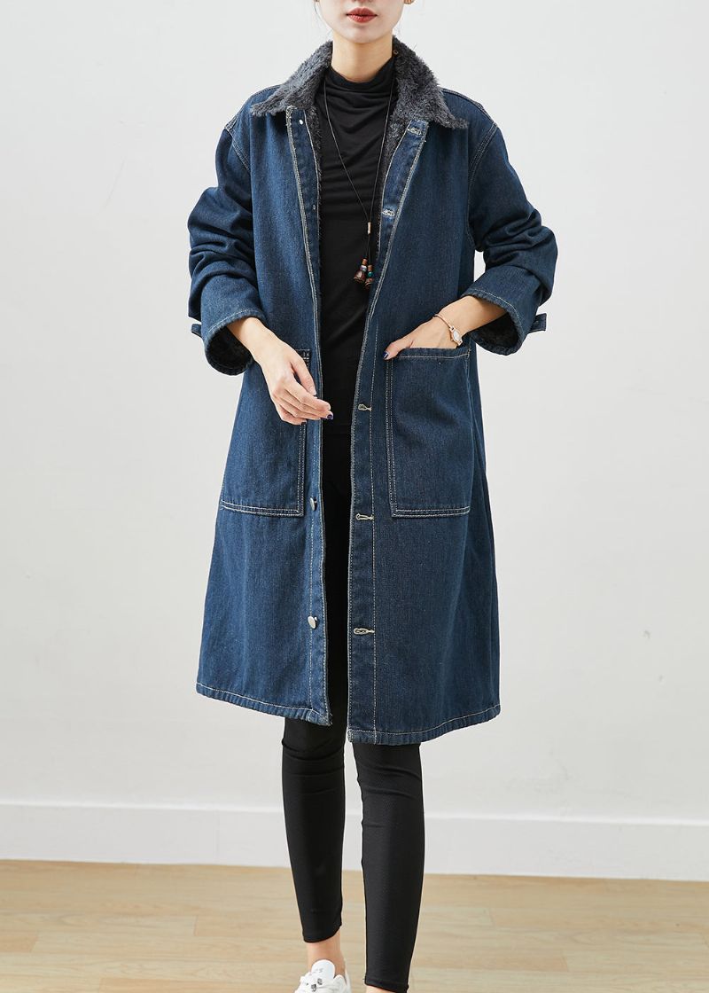 Moderne Marineblauwe Peter Pan-kraagzakken Warme Fleece-denimjassen Winter - Dames trenchcoats