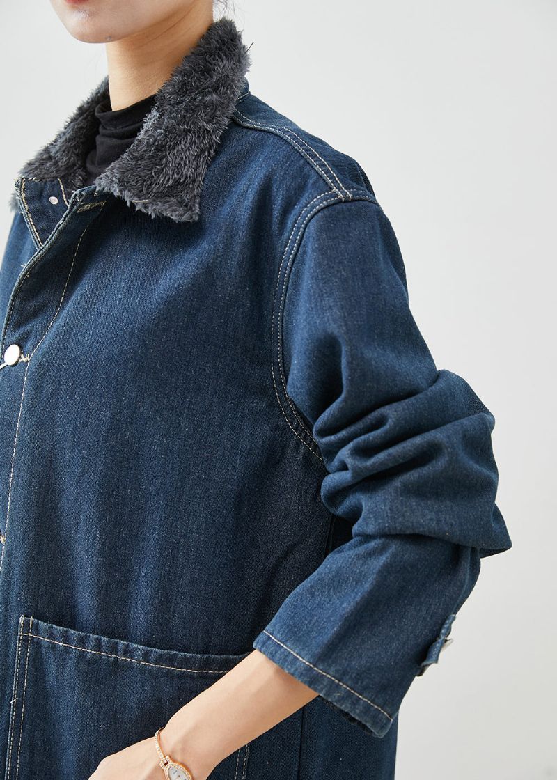 Moderne Marineblauwe Peter Pan-kraagzakken Warme Fleece-denimjassen Winter - Dames trenchcoats