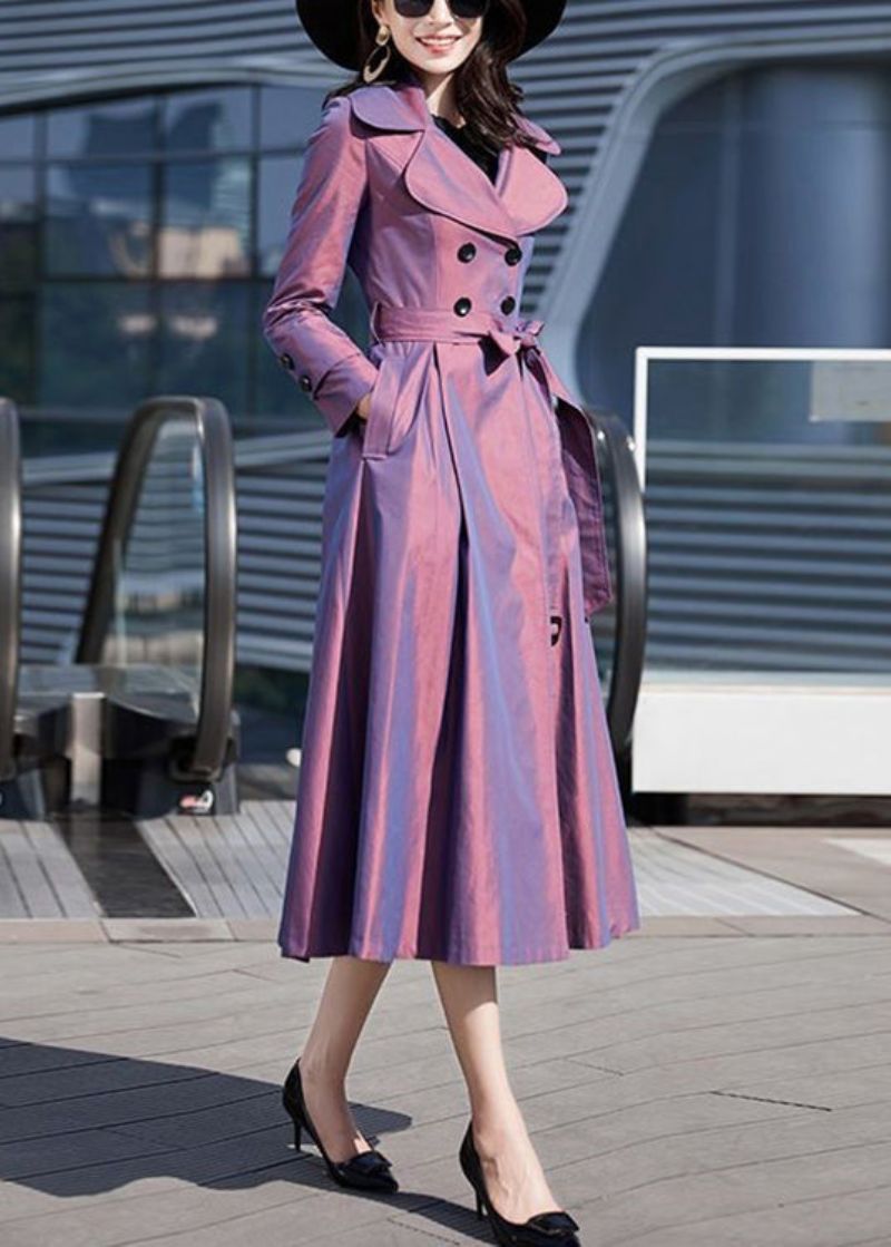 Moderne Paarse Stropdas Taille Knoop Katoen Lange Trenchcoat Met Mouwen - Dames trenchcoats