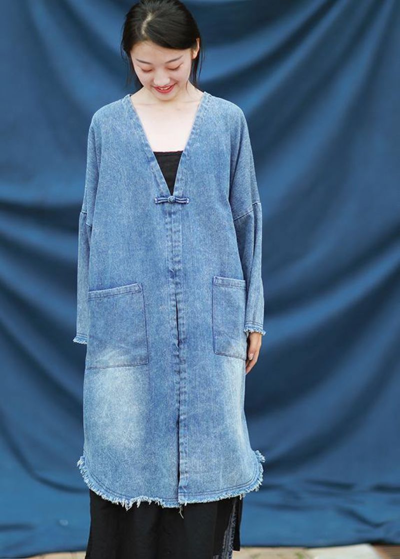 Moderne Quiltjurken Met V-hals Denimblauwe Borduurjurk - Dames trenchcoats