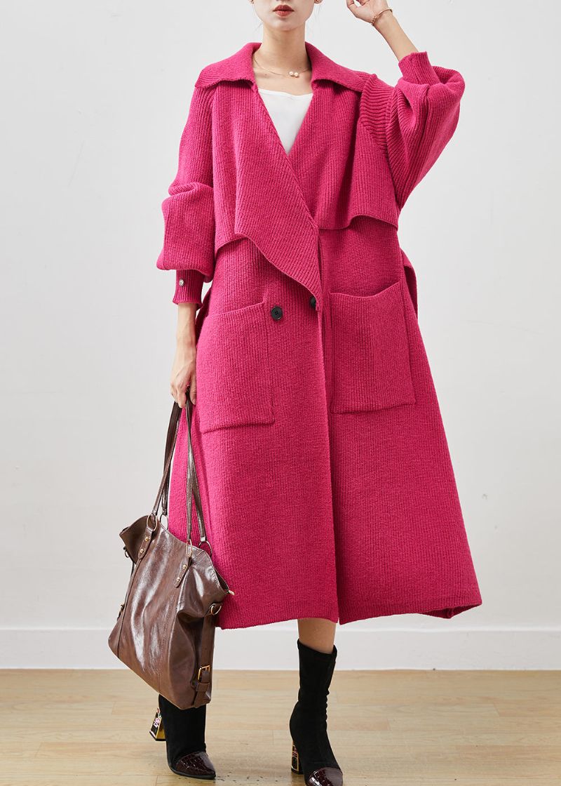 Moderne Roze Oversized Zakken Gebreide Jas Uitloper Lente - Dames trenchcoats