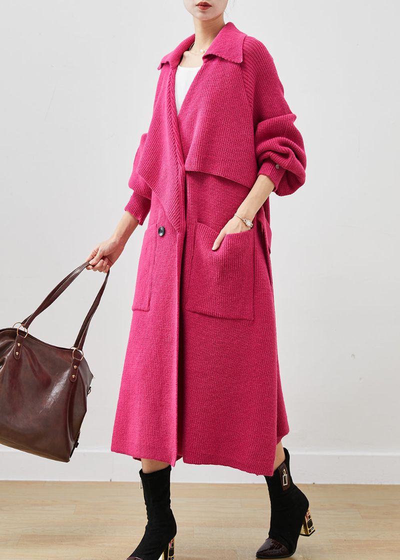 Moderne Roze Oversized Zakken Gebreide Jas Uitloper Lente - Dames trenchcoats