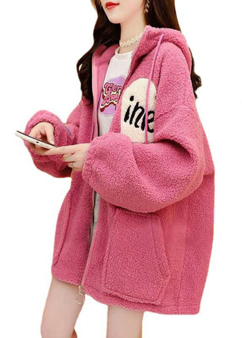 Moderne Roze Winterjassen Van Imitatiebont Met Capuchon - Dames trenchcoats