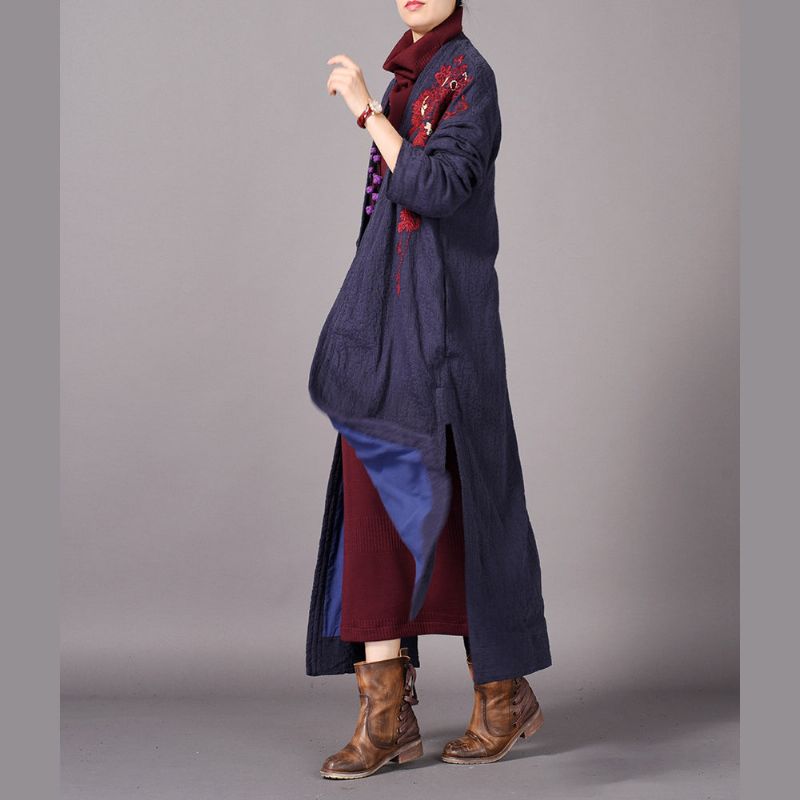 Modieuze Blauwe Maxi-jas Oversized Wijde Trenchcoat Met Borduursel Nieuwe Open Jas Aan De Zijkant - Donkerblauw