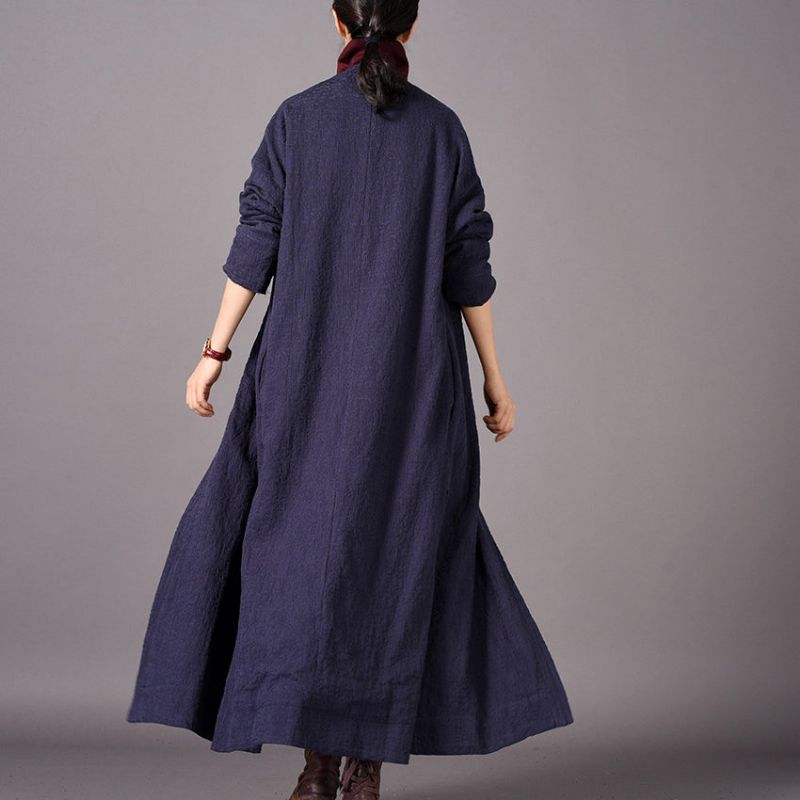 Modieuze Blauwe Maxi-jas Oversized Wijde Trenchcoat Met Borduursel Nieuwe Open Jas Aan De Zijkant - Donkerblauw