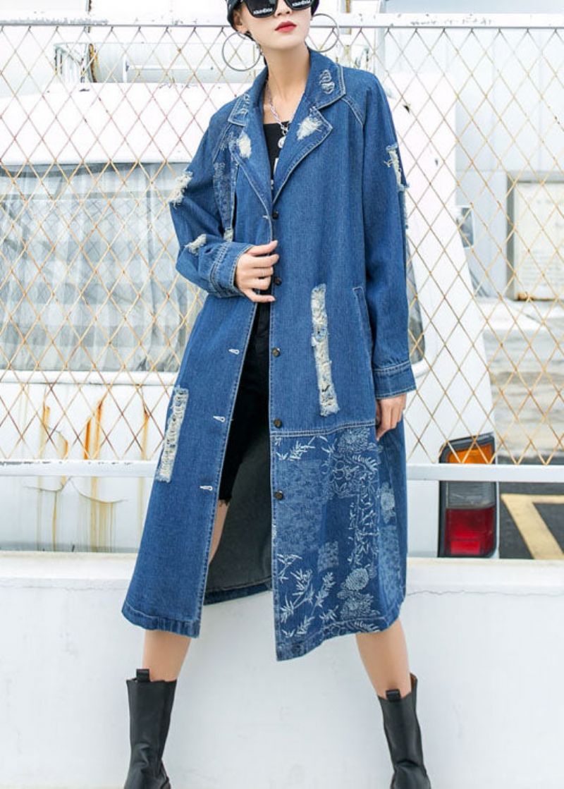 Mooie Blauwe Peterpan-kraag Knoopzakken Printgat Herfsttrenchcoat Met Lange Mouwen - Dames trenchcoats