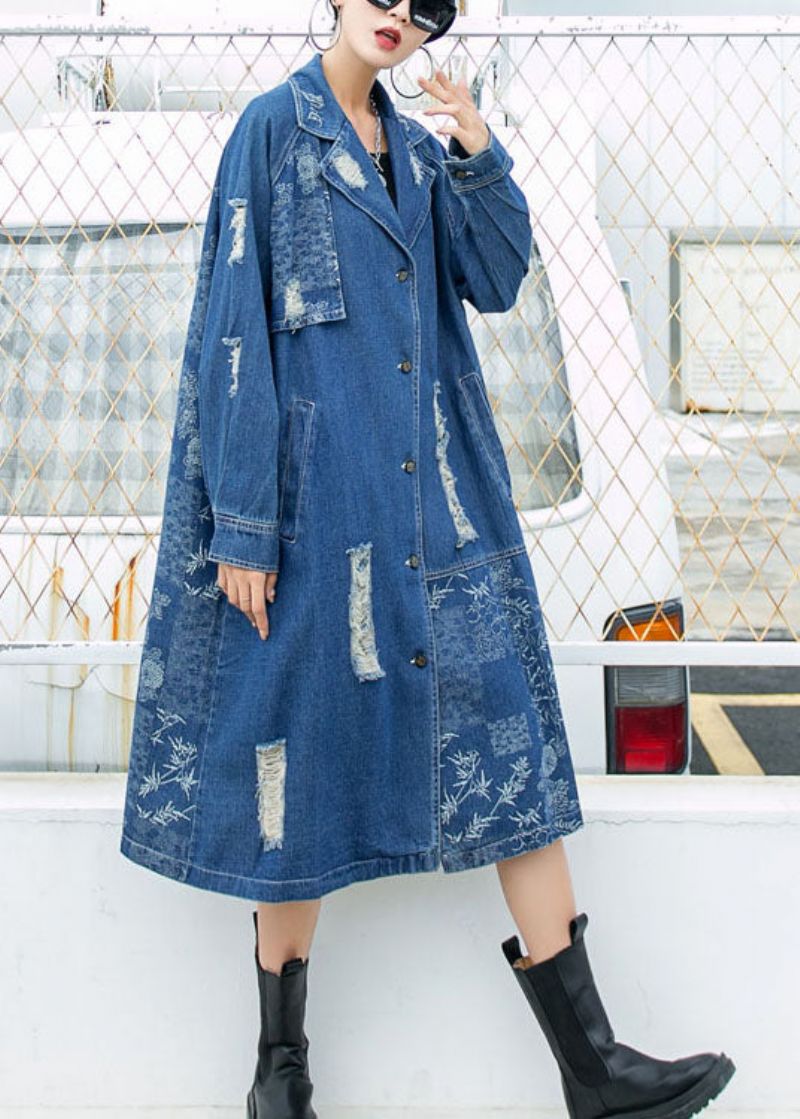 Mooie Blauwe Peterpan-kraag Knoopzakken Printgat Herfsttrenchcoat Met Lange Mouwen - Dames trenchcoats