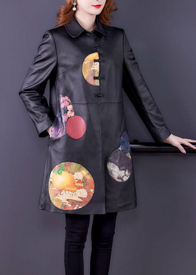 Mooie Zwarte Peter Pan Kraag Patchwork Print Kunstleer Geul Lente - Dames trenchcoats