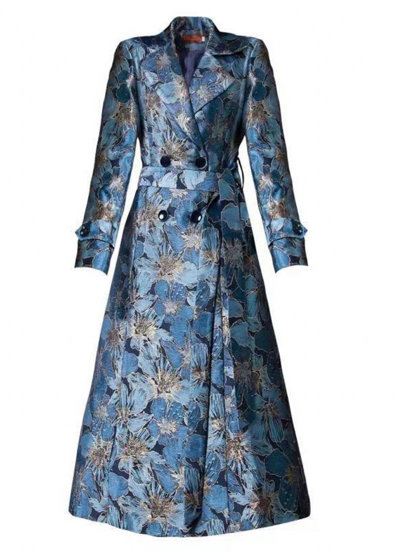 Natuurlijk Blauw Dubbele Borst Jacquard Zakken Patchwork Katoenen Trenchcoat Herfst - Dames trenchcoats