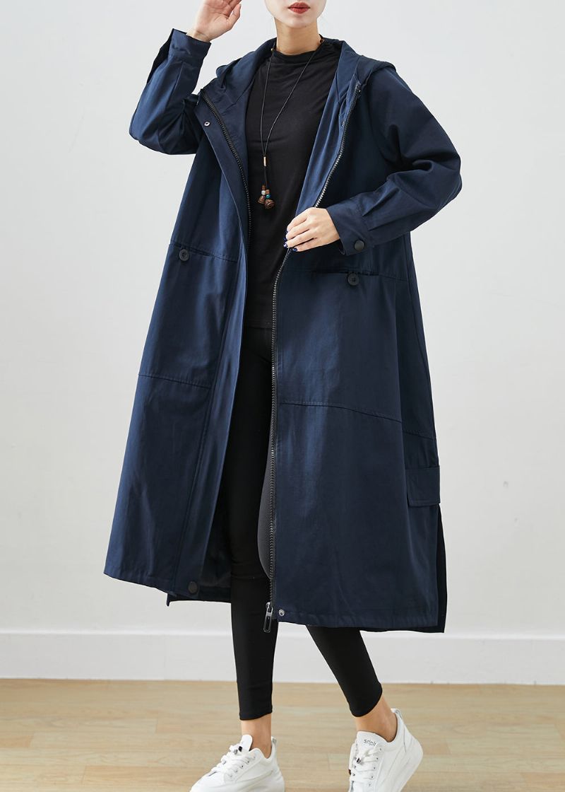 Natuurlijk Marineblauw Oversized Zakken Katoenen Trenchcoat Herfst