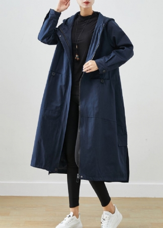 Natuurlijk Marineblauw Oversized Zakken Katoenen Trenchcoat Herfst