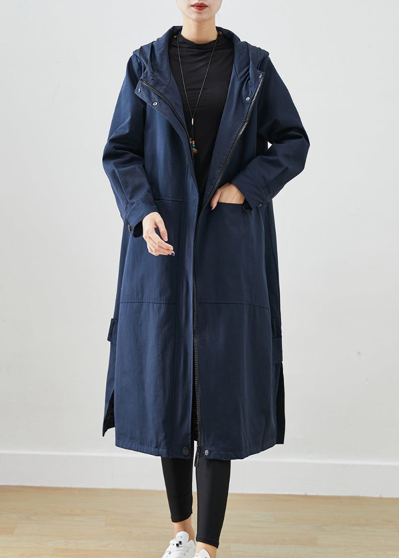 Natuurlijk Marineblauw Oversized Zakken Katoenen Trenchcoat Herfst - Dames trenchcoats