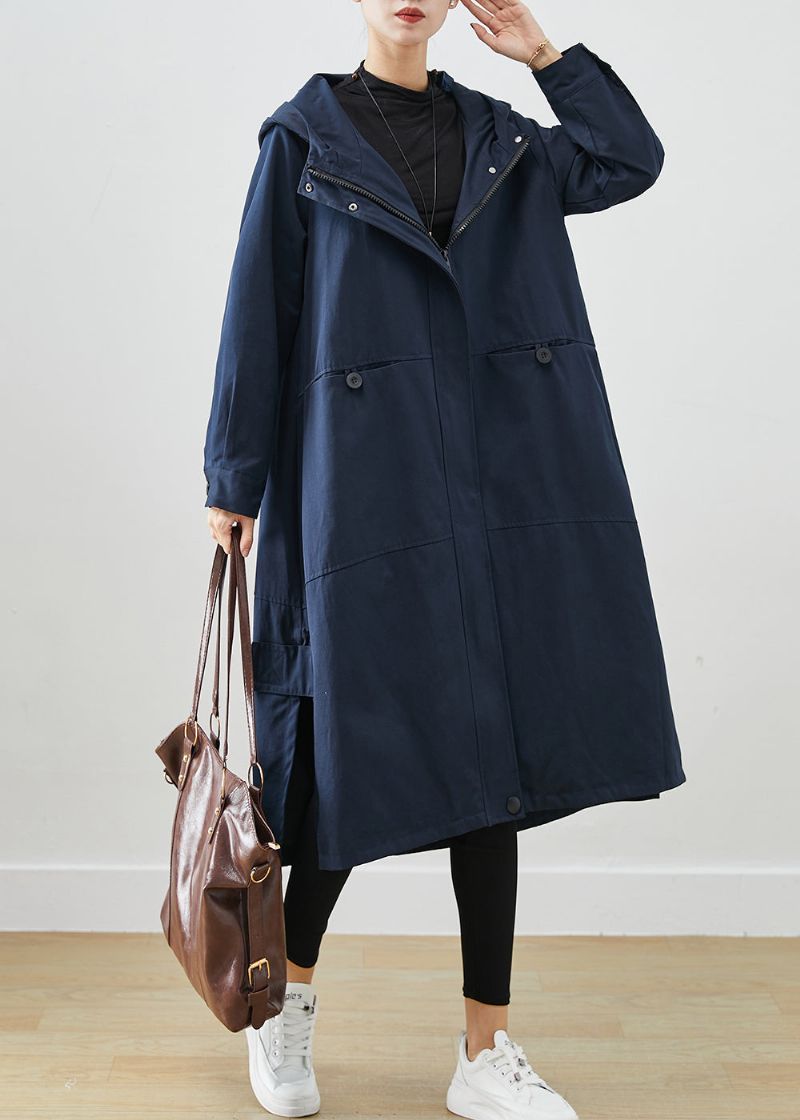 Natuurlijk Marineblauw Oversized Zakken Katoenen Trenchcoat Herfst - Dames trenchcoats