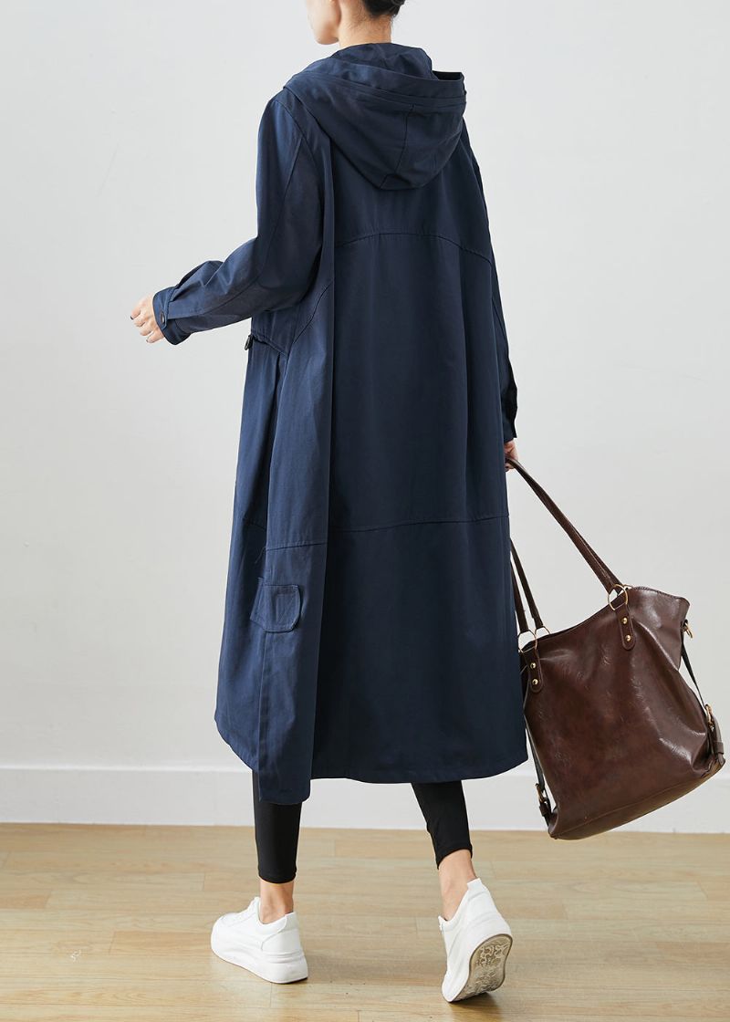 Natuurlijk Marineblauw Oversized Zakken Katoenen Trenchcoat Herfst - Dames trenchcoats