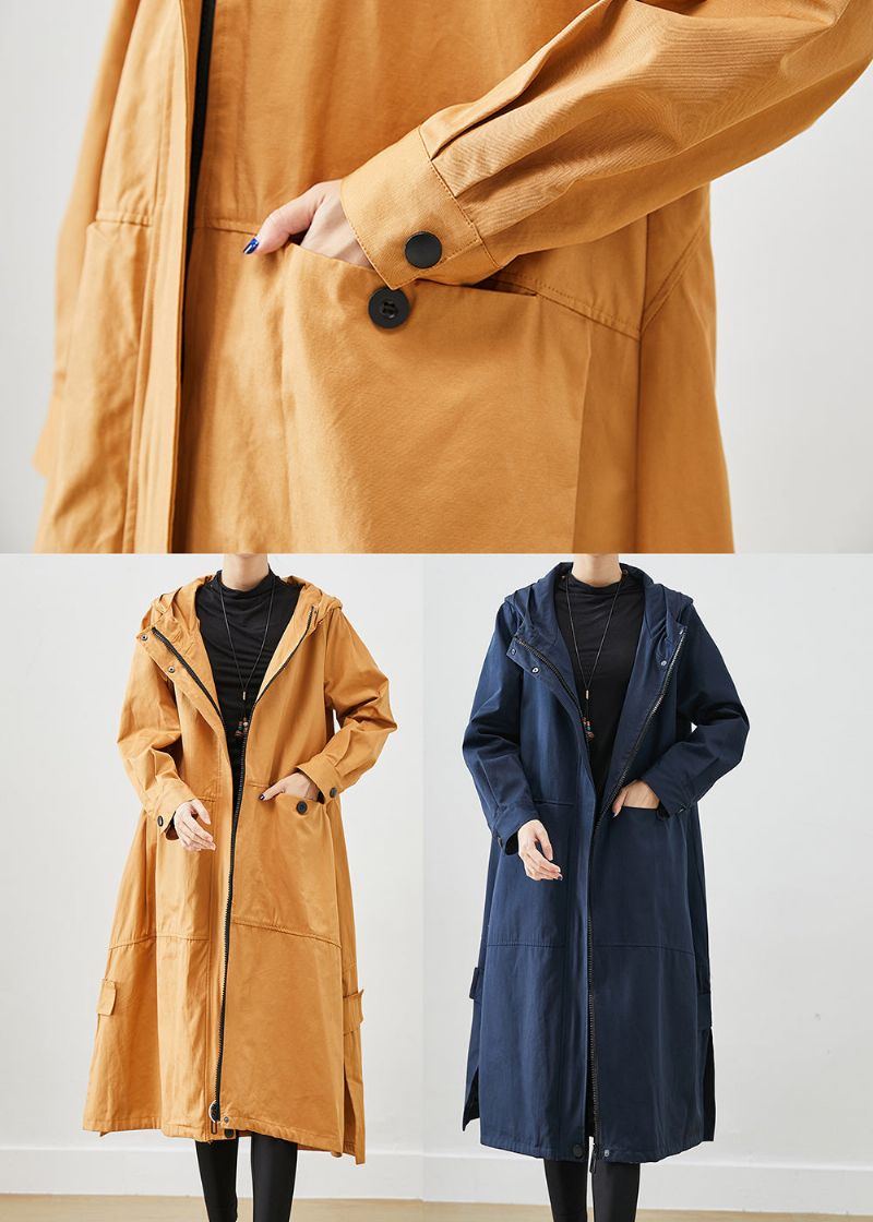 Natuurlijk Marineblauw Oversized Zakken Katoenen Trenchcoat Herfst - Dames trenchcoats