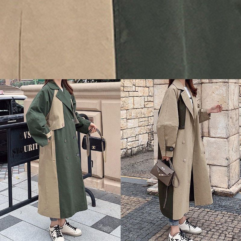 Natuurlijke Dubbele Borst Fijn Patchwork Lange Jassen Kaki Oversized - Dames trenchcoats