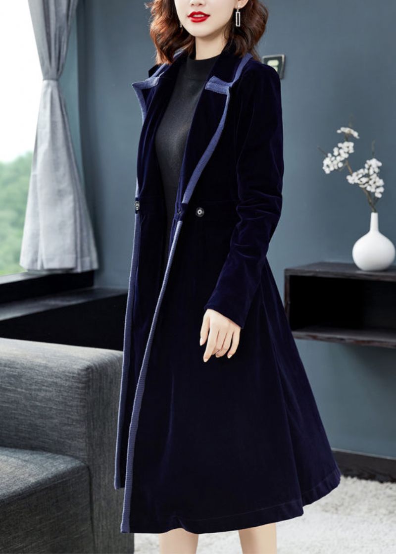 Natuurlijke Marineblauwe Peter Pan Kraag Knoop Patchwork Velours Trenchcoat Herfst - Dames trenchcoats