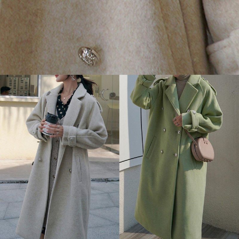 Nieuwe Beige Wollen Uitloper Plus Size Kleding Maxi Jas Achterkant Open Dubbele Borst - Dames trenchcoats