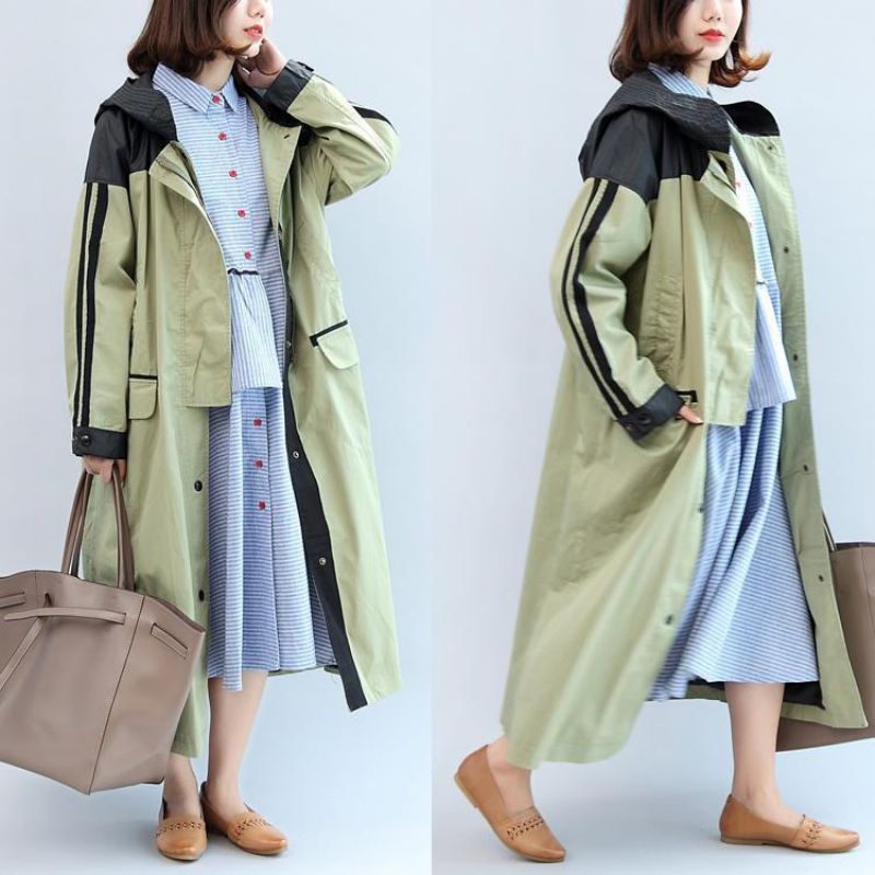 Nieuwe Herfstgroene Patchwork Katoenen Uitloper Plus Size Maxi-jas Met Capuchon - Dames trenchcoats