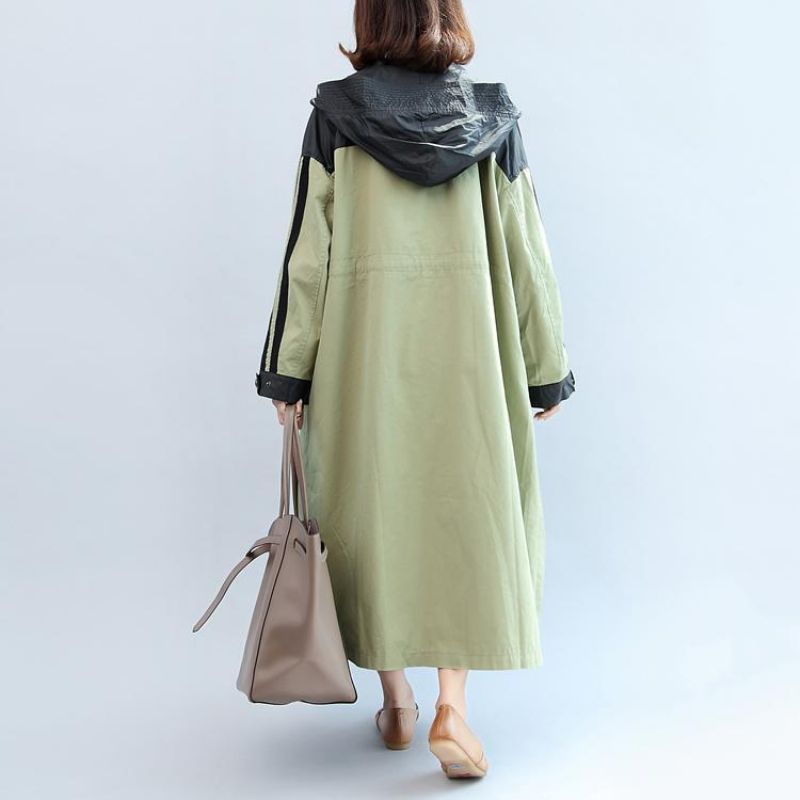 Nieuwe Herfstgroene Patchwork Katoenen Uitloper Plus Size Maxi-jas Met Capuchon - Dames trenchcoats