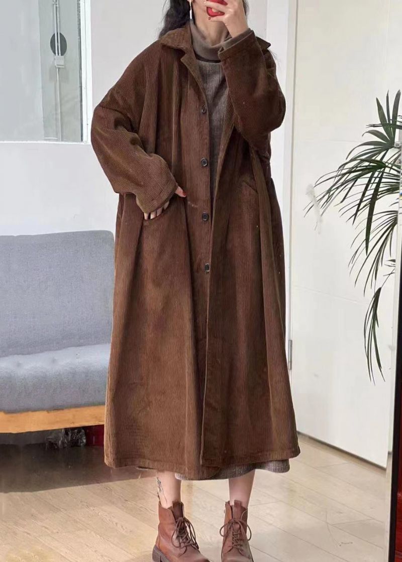 Nieuwe Karamel Knoopzakken Corduroy Lange Trenchcoat Met Mouwen