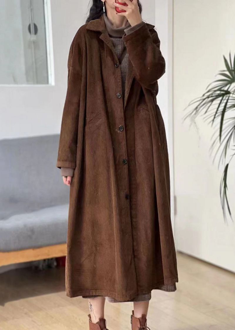 Nieuwe Karamel Knoopzakken Corduroy Lange Trenchcoat Met Mouwen - Dames trenchcoats