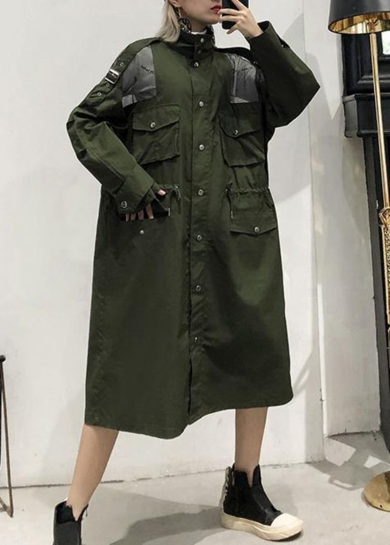 Nieuwe Legergroene Overjas Trendy Grote Maten Lange Reversjassen Met Trekkoord - Dames trenchcoats