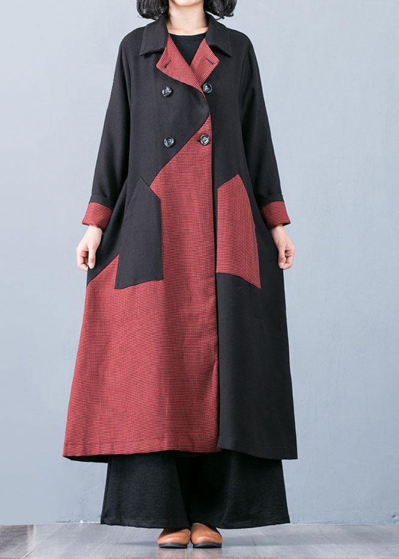 Nieuwe Oranjerode Patchworkjas Voor Dames Oversized Trenchcoat Herfstoutwear Dubbele Borst - Rood