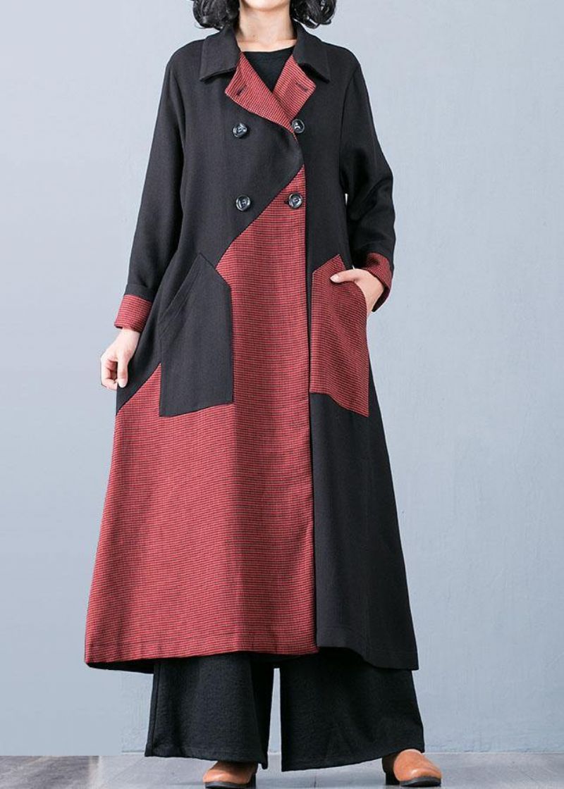 Nieuwe Oranjerode Patchworkjas Voor Dames Oversized Trenchcoat Herfstoutwear Dubbele Borst - Rood