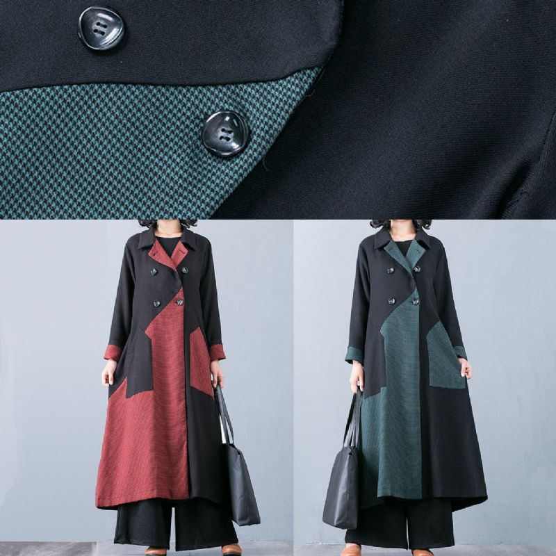 Nieuwe Oranjerode Patchworkjas Voor Dames Oversized Trenchcoat Herfstoutwear Dubbele Borst - Rood