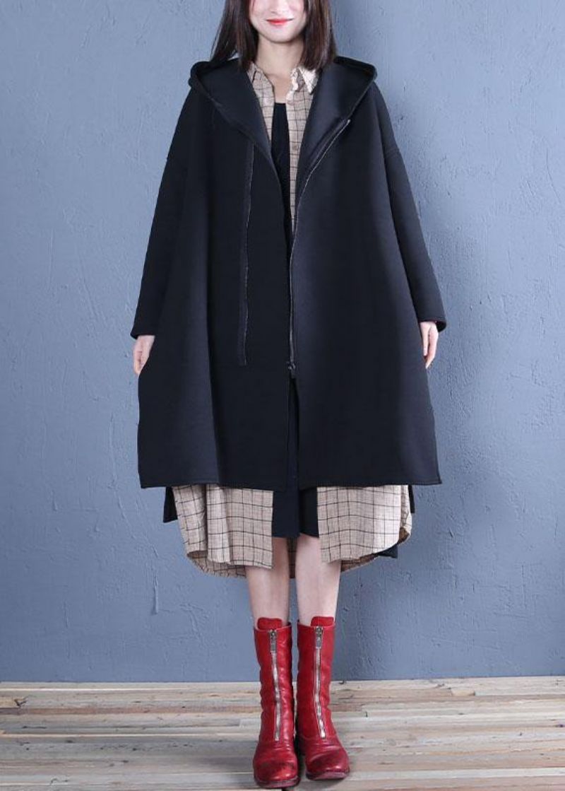 Nieuwe Oversized Middellange Jas Herfstzwarte Jassen Met Capuchon - Dames trenchcoats