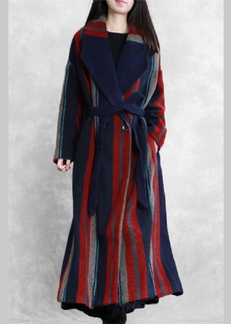 Nieuwe Plus Size Maxi-jas Blauw Rood Gestreept Wollen Jassen Met Strikband In De Taille