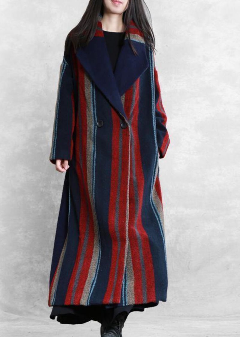 Nieuwe Plus Size Maxi-jas Blauw Rood Gestreept Wollen Jassen Met Strikband In De Taille - Dames trenchcoats