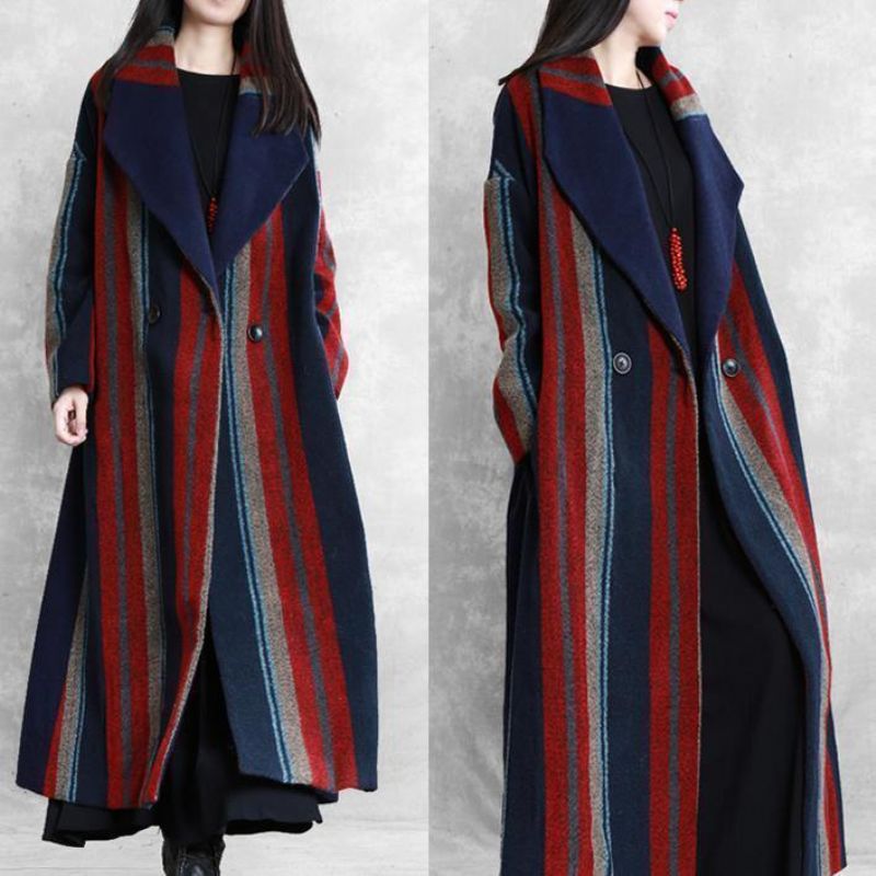 Nieuwe Plus Size Maxi-jas Blauw Rood Gestreept Wollen Jassen Met Strikband In De Taille - Dames trenchcoats